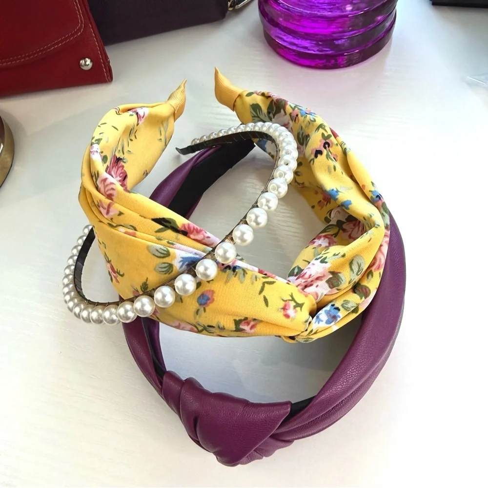Victorian Floral Yellow, Purple & Pearl Headband Set